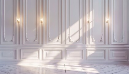 A minimalist white interior wall with decorative moldings is illuminated by soft sunlight entering through a window