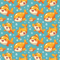 Animated Goldfish Seamless Pattern in Vibrant Blue, Swimming Happily with Bubbles and Greenery