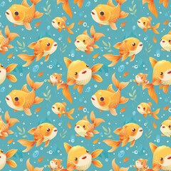 Fototapeta premium Animated Goldfish Seamless Pattern in Vibrant Blue, Swimming Happily with Bubbles and Greenery