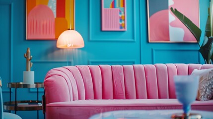 Close up of a pink sofa on a blue background with paintings around