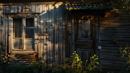 Old abandoned wooden house in russian village : Generative AI