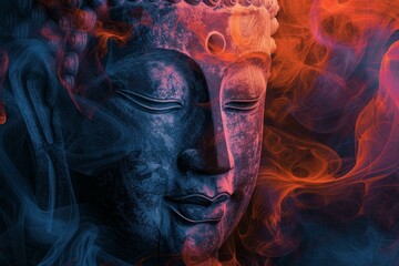 Tranquil buddha face surrounded by swirling vibrant smoke