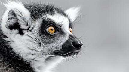 Naklejka premium A tight shot of a Lemur's face gazing intently with orange eyes