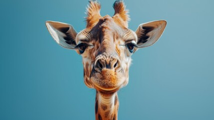  A tight shot of a giraffe's face against a backdrop of a blue sky