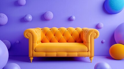 Close up of a yellow orange sofa on a blue violet background with decorative elements around