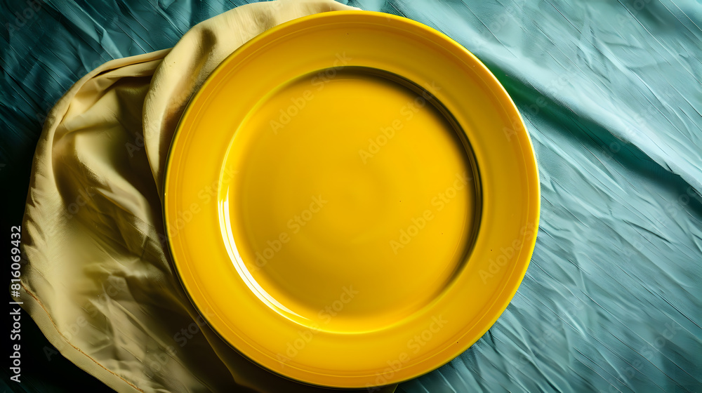 Fototapete Top view on colored background empty round yellow plate on tablecloth for food Empty dish on napkin with space for your design : Generative AI