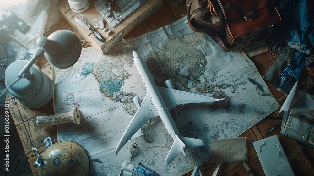 Poster the map airplane and stuff on a wooden table top view : generative ai