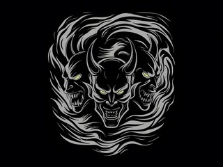 Eerie monochrome composition depicting menacing demon silhouettes emerging.