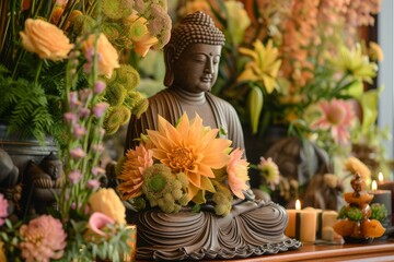 Tranquil buddha statue surrounded by vibrant flowers and soft candlelight