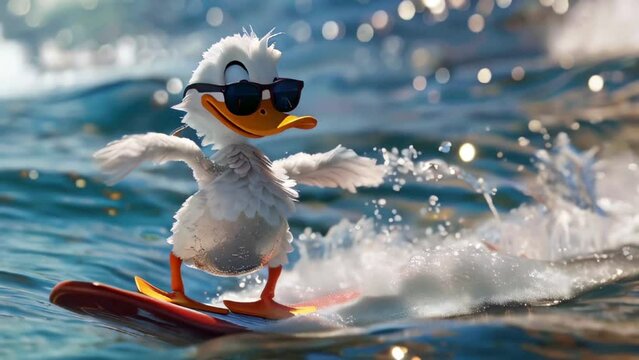 Cool Animated Duck Surfing with Sunglasses on a Sunny Day