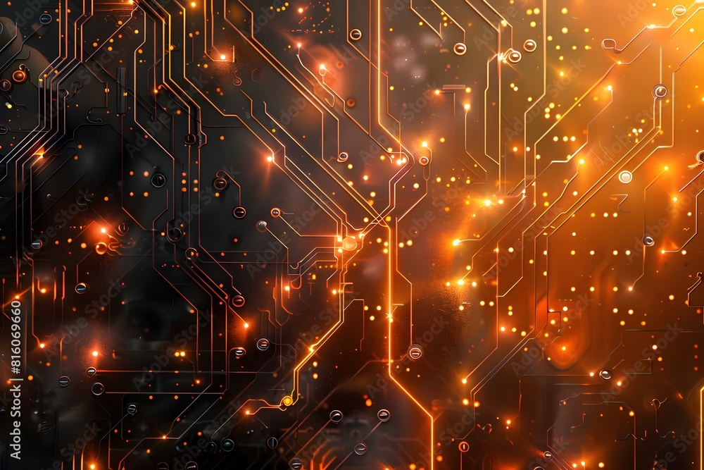 Poster close up of computer motherboard with multiple glowing led lights