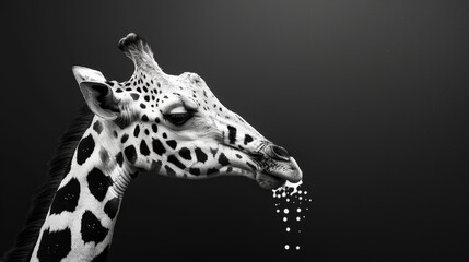  A black-and-white image of a giraffe with its mouth agape, revealing a stream of water