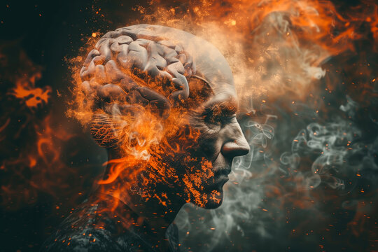 Front view of Brain on fire, exploding brain, disease concept like Parkinson's, Alzheimer's , dementia or Multiple Sclerosis