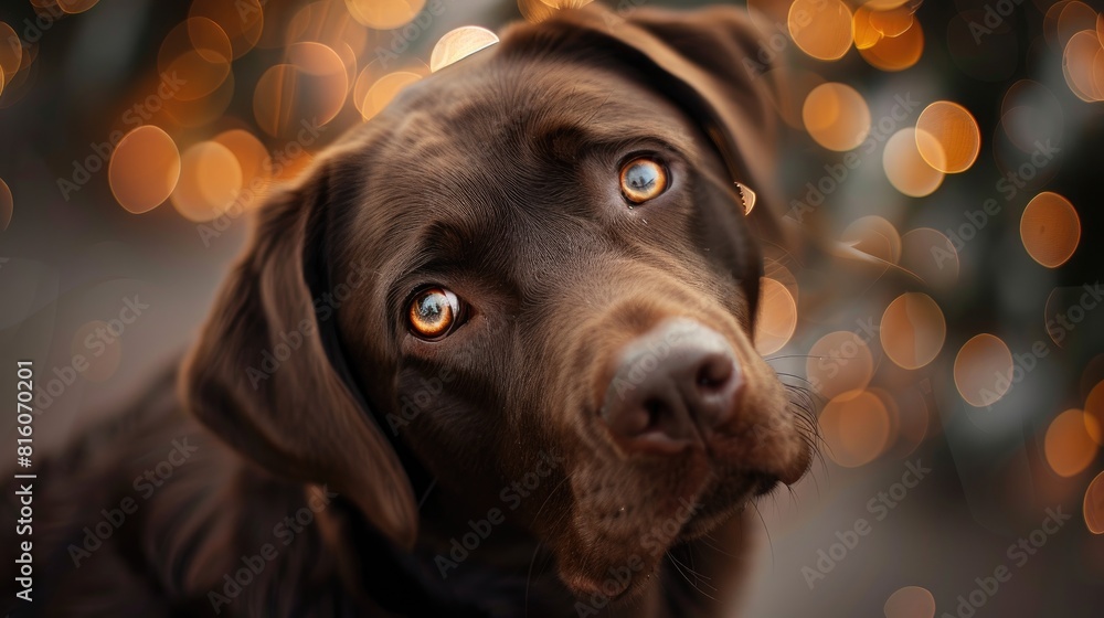 Poster close up photograph of a brown labrador retriever with bokeh background capturing its thoughtful exp