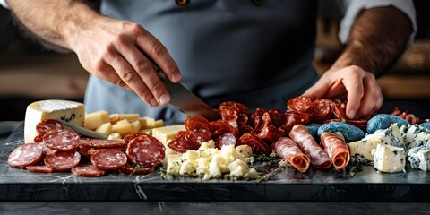 Chef assembling charcuterie platter with skillfully arranged salami cheese and accompaniments. Concept Food Styling, Charcuterie Presentation, Gastronomy Photography