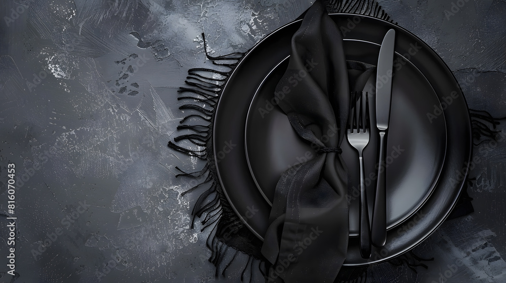 Leinwandbilder black empty plate cutlery and napkin on a stone table top view table setting : generative ai