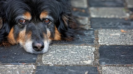  A tight shot of a dog reclining on a tiled floor, its head nestled between its paws