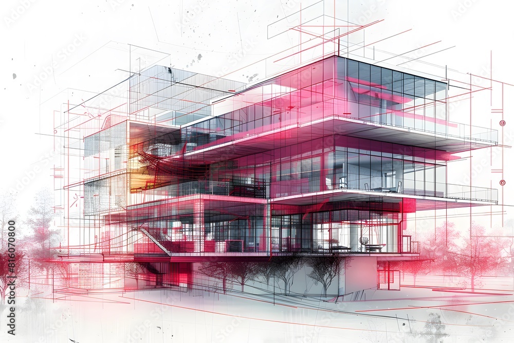 Poster a close up of a drawing of a building with a red light
