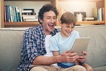 Happy, tablet and father with child on sofa for watching movies, cartoons and online entertainment....
