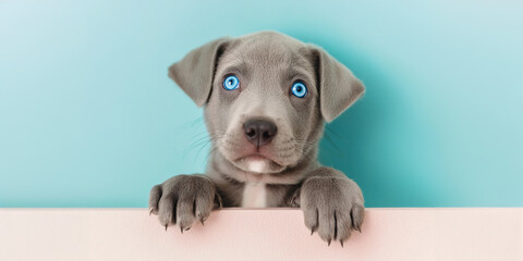 Cute, eager, gray puppy, with striking blue eyes, resting paws on wall, with cyan background.