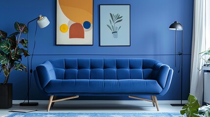 Front view of a blue sofa on a blue background with modern paintings around, soft lighting