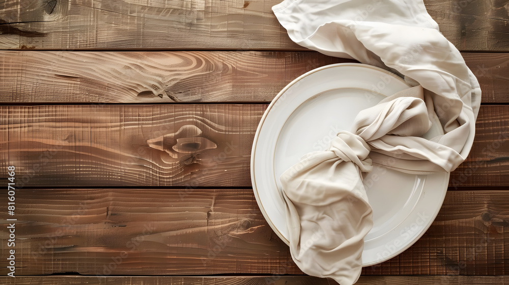 Poster Empty plate and linen napkin on brown wooden background Copy space Top view  Image : Generative AI