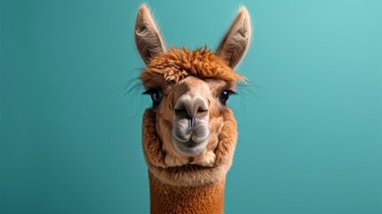  A llama's face, tightly framed, against a blue backdrop Behind it, a green wall