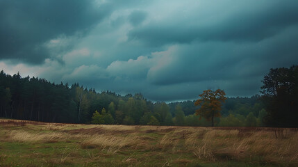 Stormy sky over the field and forest : Generative AI