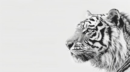  A monochrome image of a tiger's majestic head, sporting a lengthy mane, against a stark black-and-white backdrop