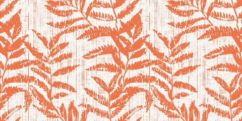 Peach fuzz botanical border texture background with color of the year two tone linen fabric effect. Soft fresh modern leaf banner edge design for all over home decor, wallpaper and on trend repeat