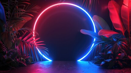 Red and Blue circle Neon Light with Tropical Leaves. Modern background banner