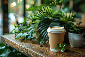 A coffee cup on the table in front of green plants, surrounded by plants and trees. The background is blurred with natural light. Created with Ai