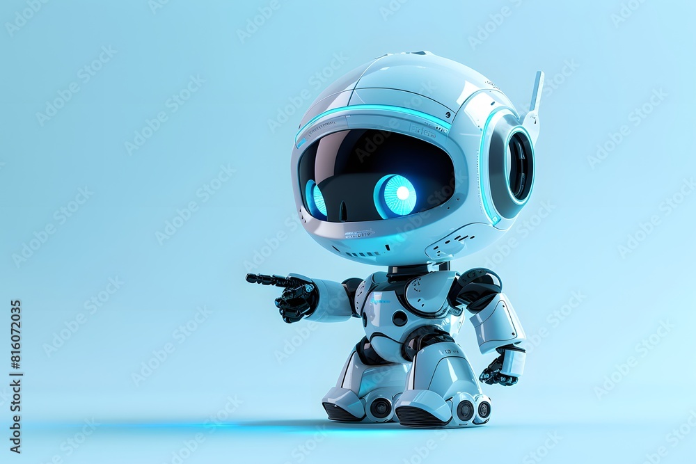 Poster a robot pointing with blue background