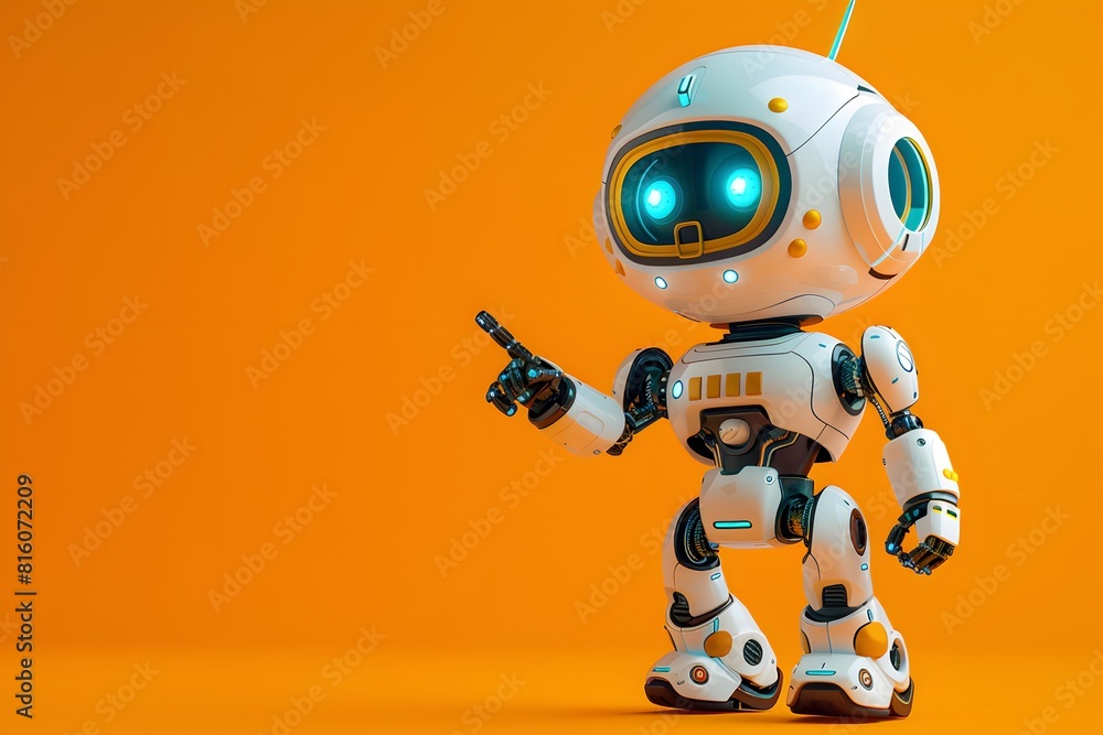 Poster a robot gazes at an object against a bright yellow backdrop