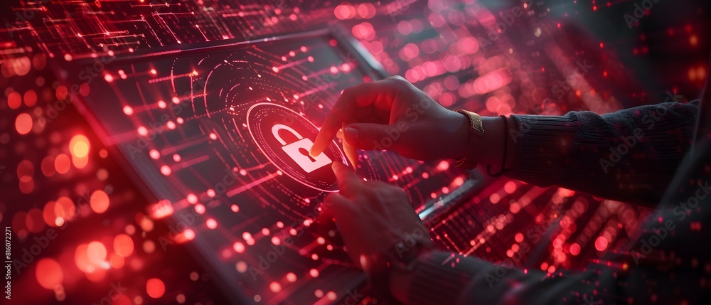 Poster person touching padlock on computer screen with red lights
