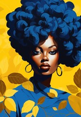 A striking portrait of a woman with voluminous blue hair against a yellow background with leaves. Ideal for fashion editorials, modern art pieces, and bold advertisements.