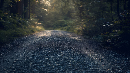 dark gravel pathway road in evening forest with low light effect in green summer  vintage film look...