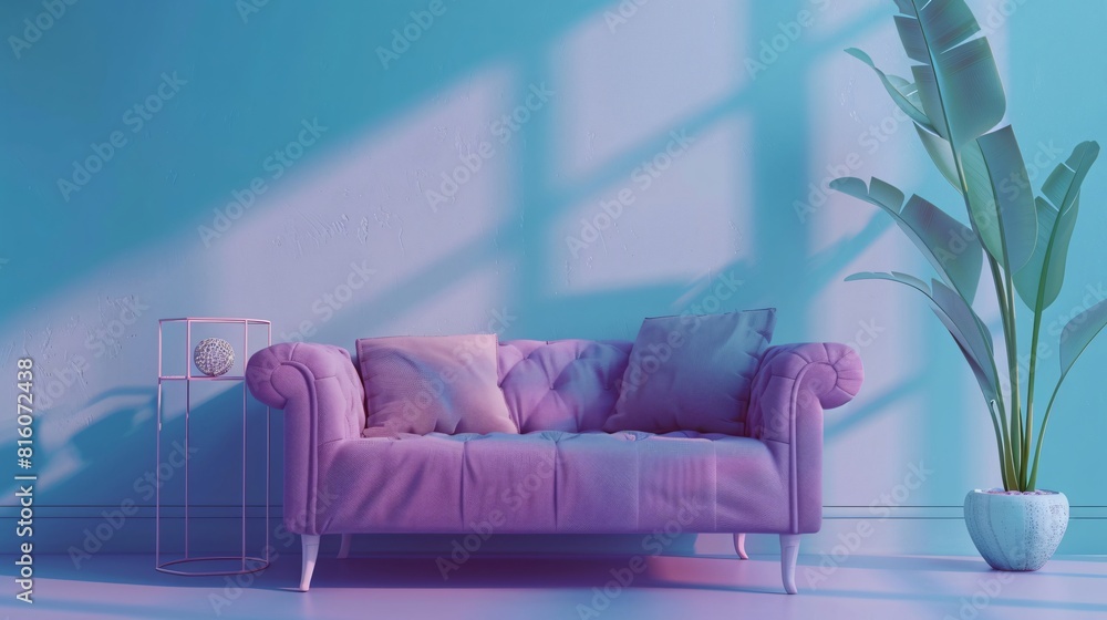Wall mural Front view of a purple sofa on a blue background with a bedside table next to it and a decorative objects - Wall murals