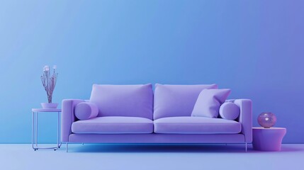 Front view of a purple sofa on a blue background with a bedside table next to it and a decorative objects