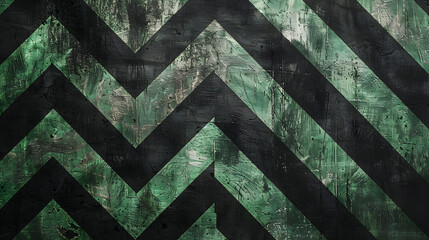 Abstract black and green chevron pattern background. Zigzag ornament with grunge texture. Geometric lines drawn with brush strokes. Design for poster, banner, war games, paper, print, cover, scrapbook