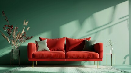 Front view of a red sofa on a green background with decorative elements around in minimalist style
