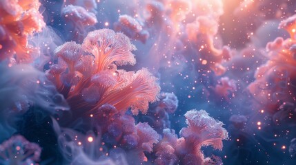 Naklejka premium 3d Organic forms resembling coral reefs and underwater creatures, bathed in soft, ethereal light