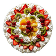 meringue-based dessert topped with whipped cream and fresh fruits such as strawberries, kiwi, and passionfruit.