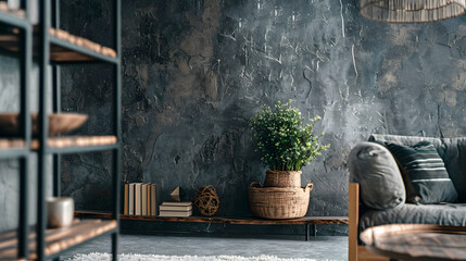 Grey stone wall interior room with wooden decor bookshelf sofa and vase of plant middle table carpet home decoration : Generative AI