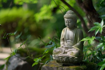A tranquil buddha statue meditates in a peaceful garden setting, surrounded by lush foliage