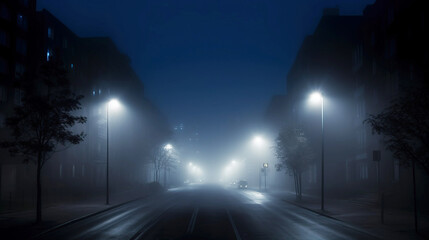 Concept of insomnia. Deserted streets of city illuminated by lamps in fog. AI generated.