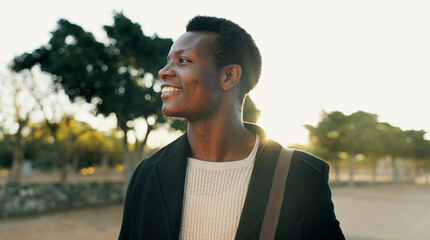 Portrait, black man and thinking for commute to work, professional and travel to office. Face,...