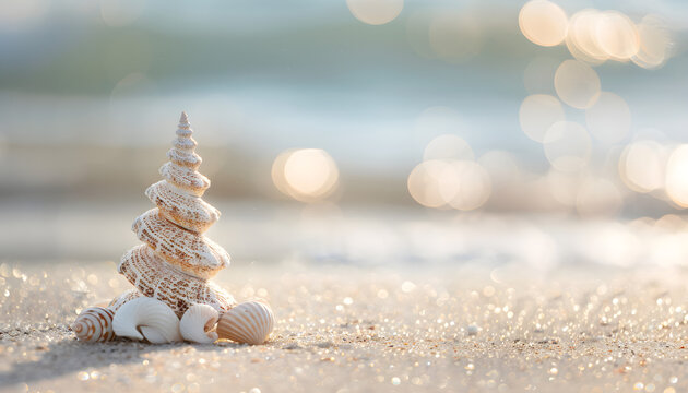 A small seashell Christmas tree on the beach with copy space, perfect for holiday or summer vacation-themed designs.