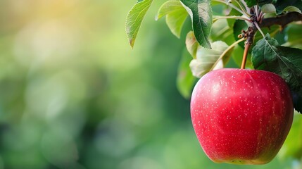 A picture-perfect apple. It's bright red, perfectly round, and hanging from a tree branch. The apple is a symbol of temptation, knowledge, and immortality.