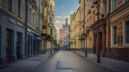Obraz premium Russia Moscow Nikolskaya street summer 2017 Early morning in Moscow Morning in the city empty streets : Generative AI